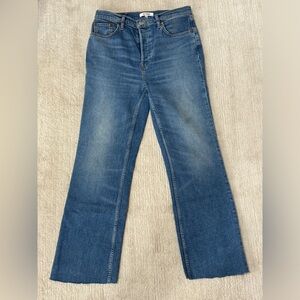 RE/DONE 70'S High Rise Bootcut Oleo Indigo Jeans Distress Raw Hem Button Fly 29